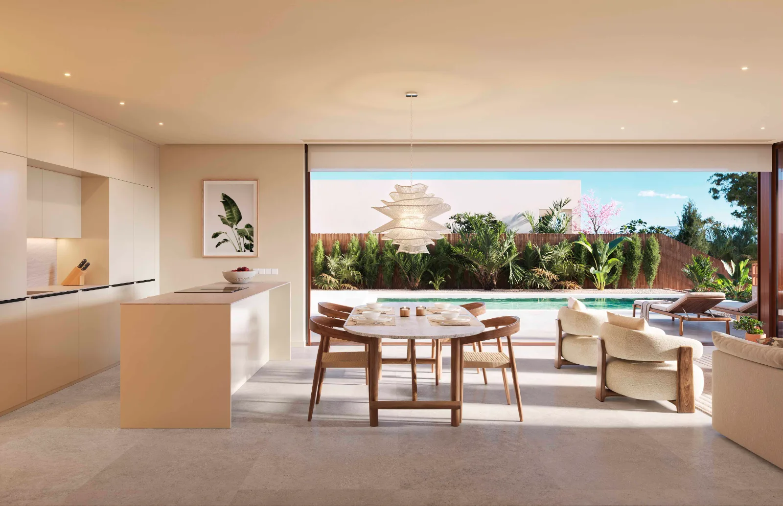 Contemporary luxury villa on the Spanish coast with infinity pool, Mediterranean views and premium lifestyle atmosphere at sunset.